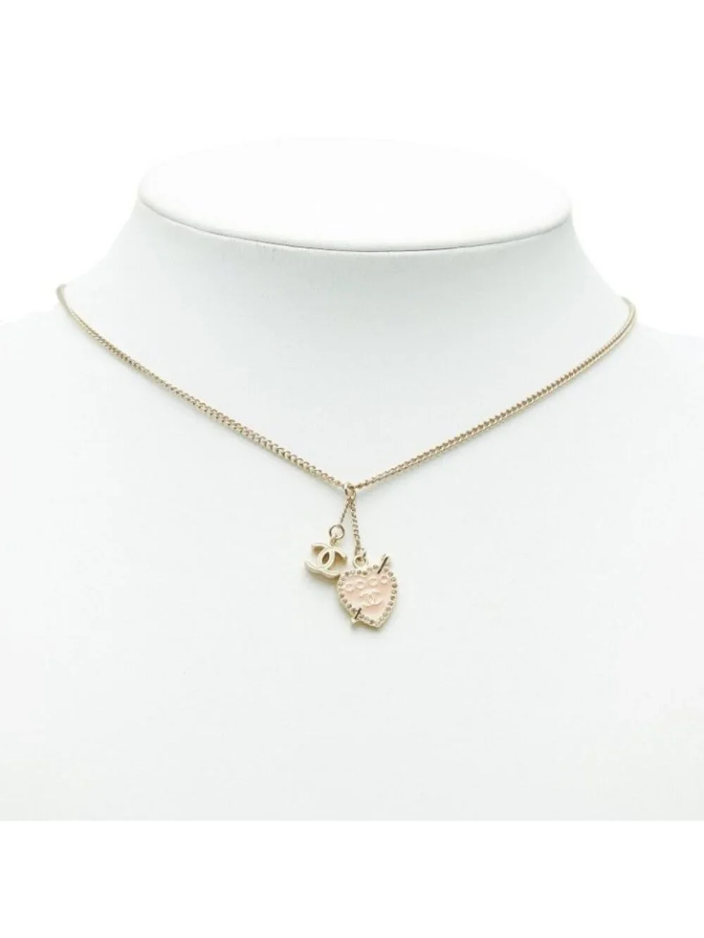Chanel CC Logo Heart & Aro Line Stone Pendant Necklace Gold Pink Plated Enamel - Picture 6 of 7